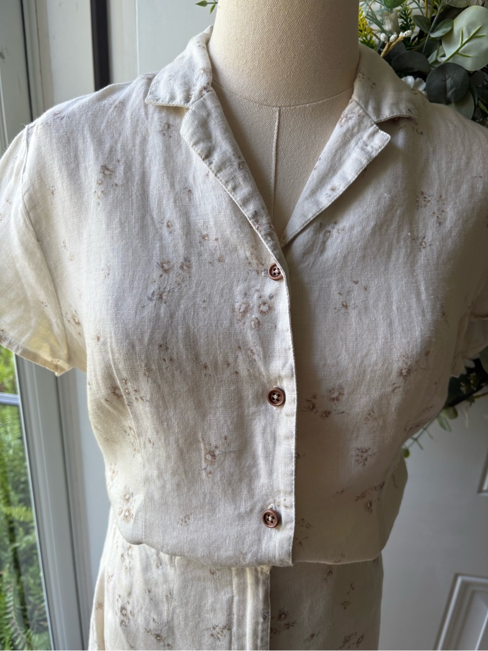 Vintage 90’s 100% Linen Liz Claiborne Cream Floral Button-Front Midi 2-Piece - Picture 4 of 6